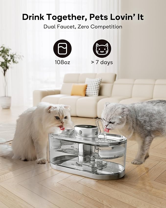Cat Water Fountain Cordless, 108oz/3.2L Cengcen Wireless Pet Water Fountains Battery Operated 5000mAh, Chew-Proof Charging Cable with Adapter, Stainless Steel Transparent, Premium Edition