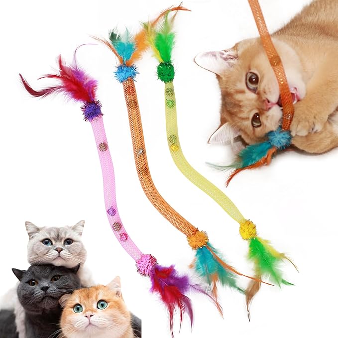 Interactive Cat Toys with Feather, Stretchable Mesh Tubes Toys with Bell and Catnip Inside, Colorful Interactive Play String for Cats and Kittens, 3 Pcs