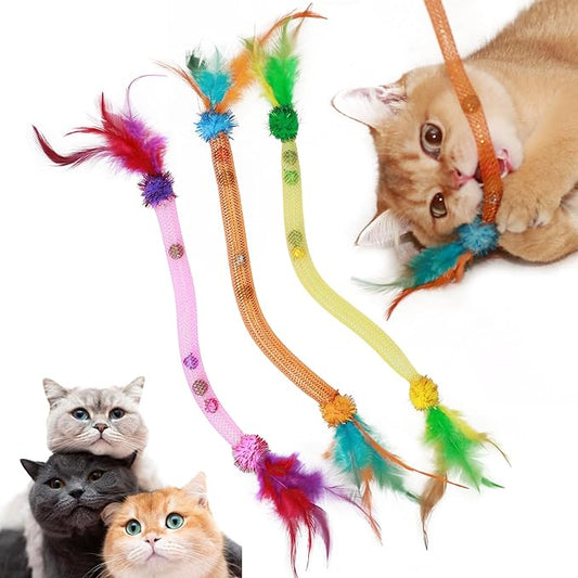 Interactive Cat Toys with Feather, Stretchable Mesh Tubes Toys with Bell and Catnip Inside, Colorful Interactive Play String for Cats and Kittens, 3 Pcs