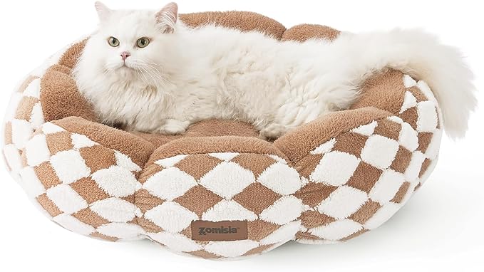 Cat Beds for Indoor Cats, Cute Donut Kitten Beds for Small Dog, Round Plush Bed for Puppy and Large Cats, Anti-Slip Bottom, Brown