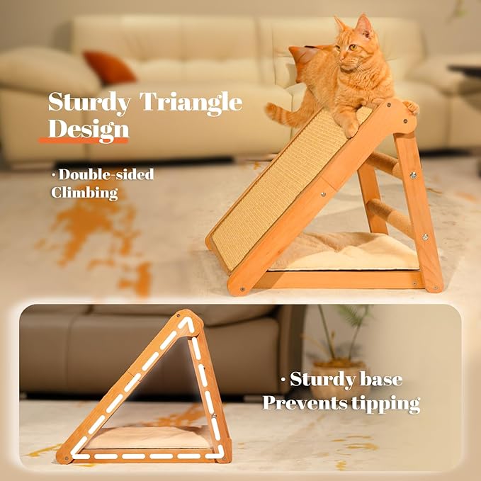 Sisal Cat Scratcher Ramp with Cushion, 20" x 14.1" Large Foldable Scratch Board Cats Scratching Post, Wooden Cat Furniture