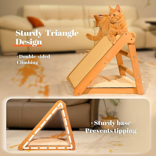 Sisal Cat Scratcher Ramp with Cushion, 20" x 14.1" Large Foldable Scratch Board Cats Scratching Post, Wooden Cat Furniture