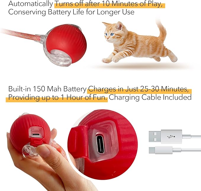 Speedy Tail Ball Toy 3.0 with 3 Play Modes, Bonus Tail, Safe Silicone Surface, Powerful Motor Moving Ball, Interactive Auto Toy for Indoor Bored Kitten & Adult Cats, USB Rechargeable (Red)
