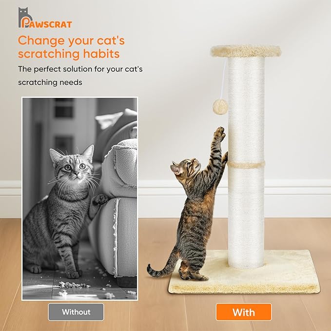 PAWSCRAT Cat Scratching Post 32" Tall, Large Diameter Natural Sisal Cat Scratch Post with Dangling Ball, Scratch-Resistant and Durable Tall Cat Scratcher for Indoor Cats, Protect Your Furniture, Beige