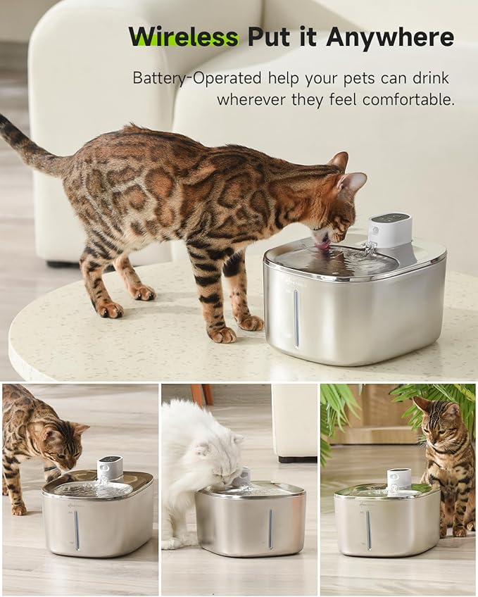 Cat Water Fountain Stainless Steel,152oz/4.5L Wireless Pet Fountain,Automatic Water Bowl for Cats Dogs with Motion Sensor,Quiet Filtered Pet Water Fountain w 5 Filters(Filters for 4 Months)