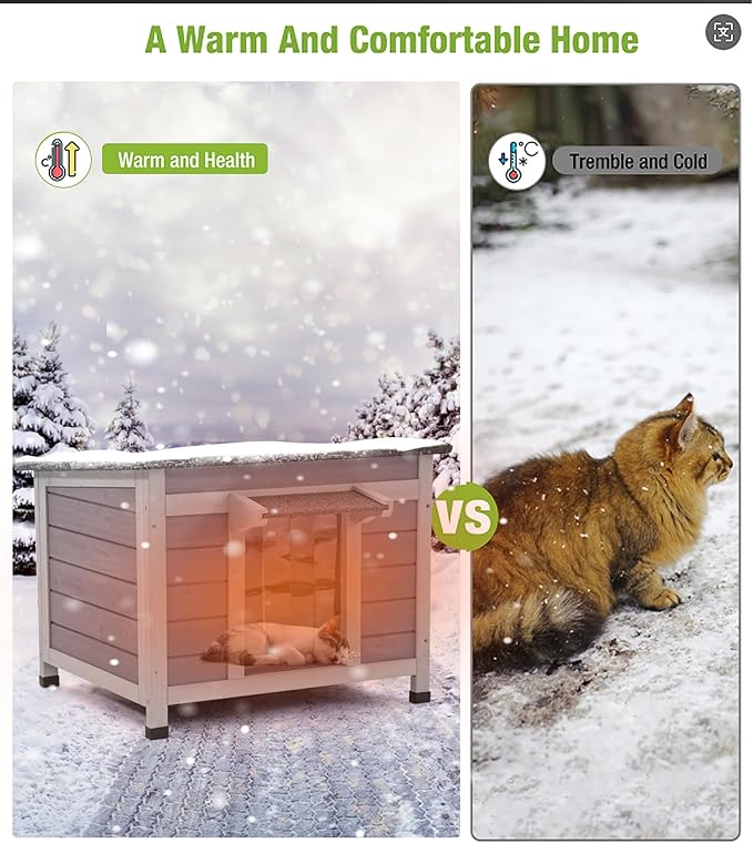 GUTINNEEN Insulated Cat House Outdoor Weatherproof, Wooden Cat Shelter with 0.78" Thick Insulated Liner, Asphalt Roof, Elevated Base, Kitty House for Winter