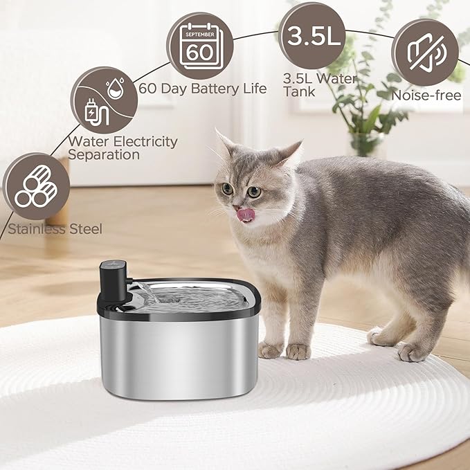 Wireless Cat Water Fountain Stainless Steel, 118oz/3.5L Cordless Automatic Pet Water Dispenser for Cats Indoor, with Motion Sensor, Ultra Quiet Pump, Rechargeable & Multi-Filtration