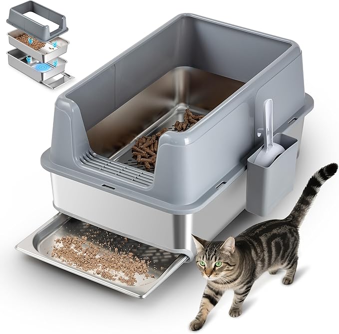23.6''x15.6''x12'' Stainless Steel Sifting Litter Box with Sifter, Pine Pellet Litter Box with Lid for Big Cats, Built-in Sifter, No Waste Bag Needed, Easy to Clean & Durable (Grey)