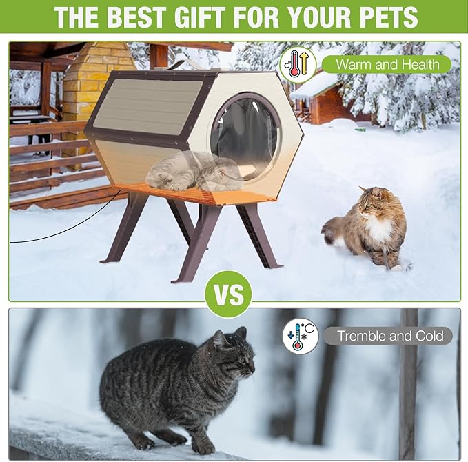 Heated Cat House for Outdoor Cats, 100% Insulated Cat House with Heating Pad,Feral Cat Shelter Waterproof for Winter,Expandable