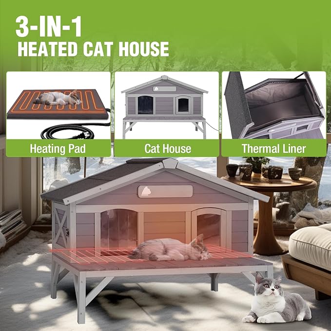 GUTINNEEN Heated Cat House for Outside Large Outdoor Insulated Cat House Weatherproof Feral Cat Shelter with Heated Pad, Insulated All-Round Thermal Liner, Chewproof Cable for 1-4 Cats (Winter-Ready)