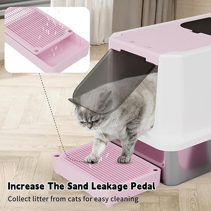 RIZZARI Stainless Steel Cat Litter Box, Enclosed Top-Entry Design, Large Capacity High-Sided Leak Proof Litter Pan for Cats, Easy Clean Pet Toilet (Pink)
