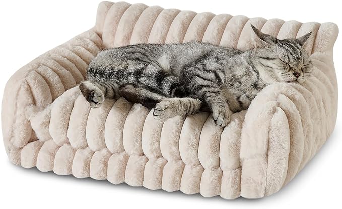 Hollypet Cat Bed Fluffy Plush Mutifuctional Double-Layer Soft Pet Couch Orthopedic Sofa Nest Beds for Small Cats and Dogs, Cream (21x15x8 inch)