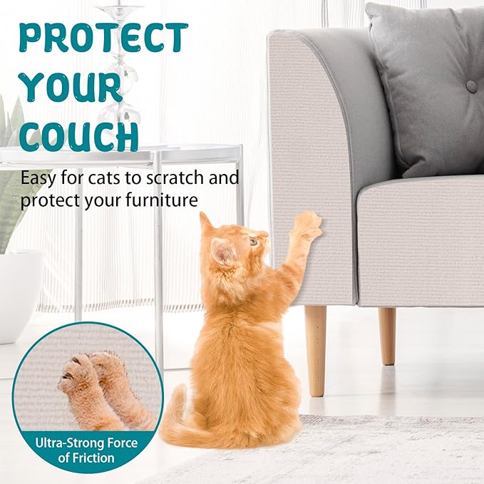 Climbing Cat Scratcher Mat Trimmable Cat Scratching Post Carpet 157.4’’x15.8’’ Self Adhesive Carpet Mat Pad Replacement for Cat Tree Shelves Post Couch Wall Furniture Steps DIY Protector (Cream White)