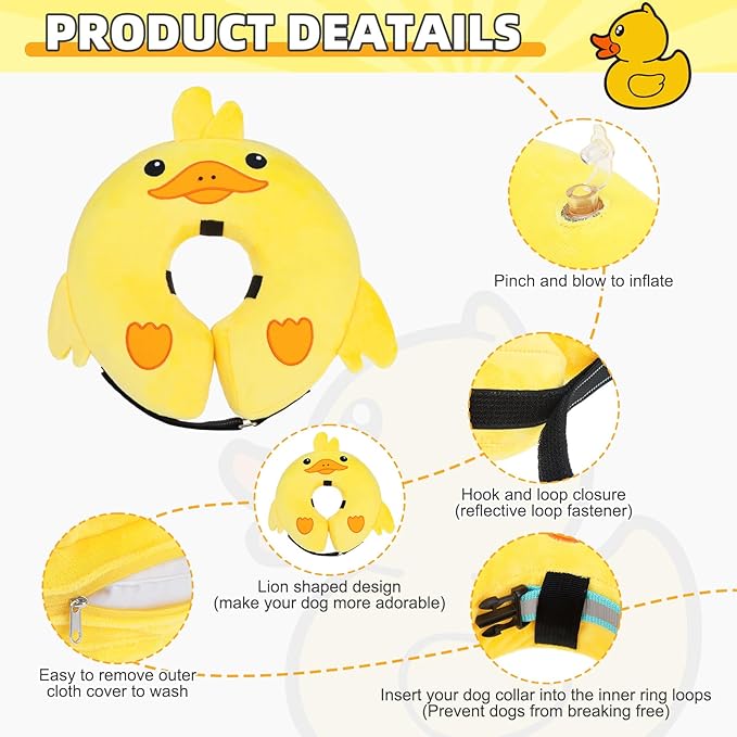 KOOLTAIL Inflatable Dog Cone Collar, Soft Dog Cone Alternative for Large Medium Small Dogs After Surgery, Cute Costume Adjustable Donut Neck Cone for Dogs Cats, Comfortable Recovery E Collar, Duck M