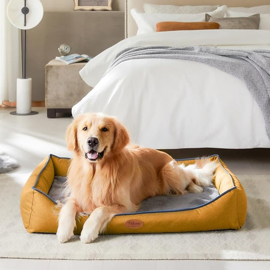 Orthopedic Dog Beds for Medium Dogs, Durable Egg Crate Foam Sofa Dog Bed wit Washable Removable Cover,Waterproof Lining,Pet Bed for Large Dogs (Mustard Yellow, 39.4" L x 31.5" W x 7.4" Th)