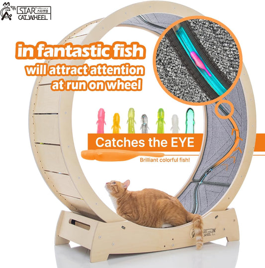 Star Cat Wheel, Cat Treadmill, Exercise Wheel for Running, Spinning, Scratching, and Climbing for Indoor Cats, Premium Birch Wood, Eco-Friendly, Moving Fish, Wide Running Track, 47.2 inch XL Size