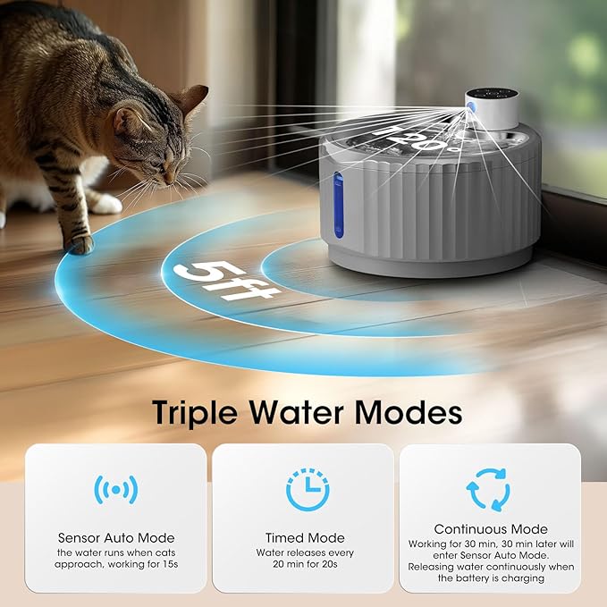 Wireless Cat Water Fountain, 95 oz/2.8 L Battery Operated Pet Water Fountain for Cats Inside, Automatic Dog Water Fountain with Stainless Steel Tray, Motion Sensor, Quiet Pump (Grey)