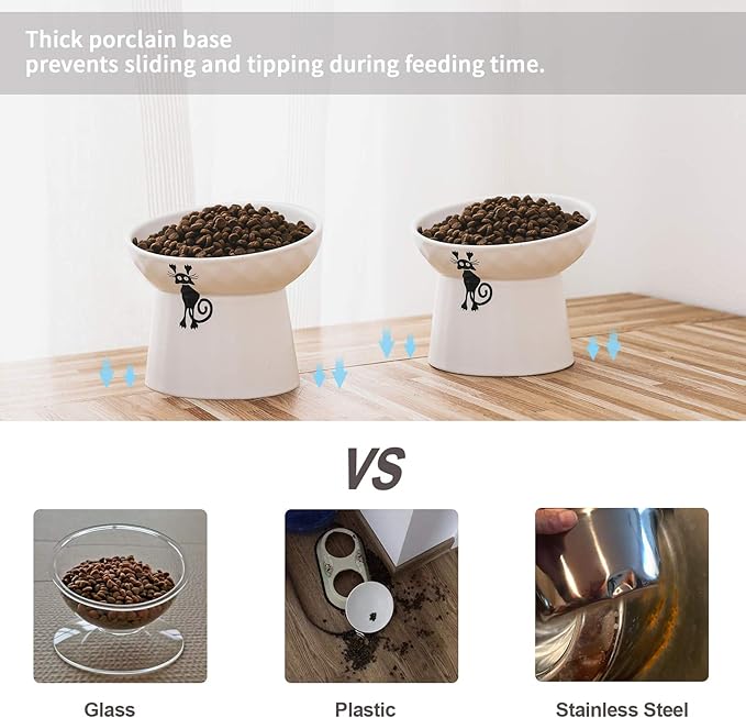 OMAYKEY Ceramic Raised Cat Bowls, Tilted Elevated Cat Food and Water Bowls Set, Porcelain Stress Free Pet Feeder Bowl Dish for Cats and Small Dogs, Dishwasher and Microwave Safe - White, Set of 2