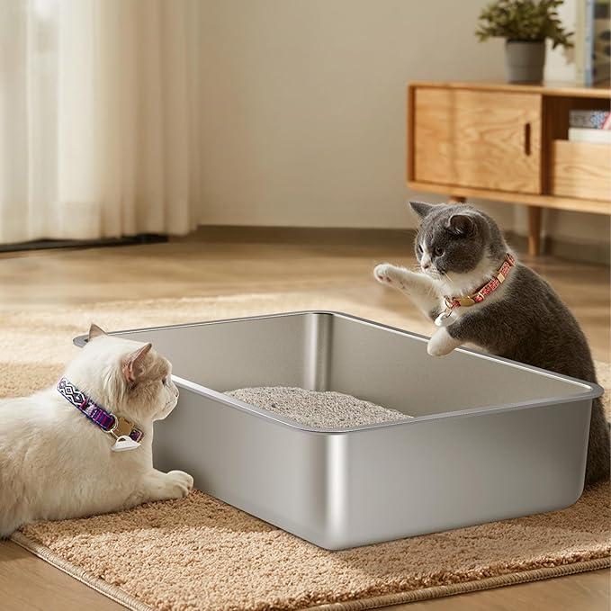 Stainless Steel Litter Box 2 Pack, XLarge Metal Litter Box for Cat, Easy Clean Non Stick Easy Entry No Smell Metal Litterbox for Kitty/Cats