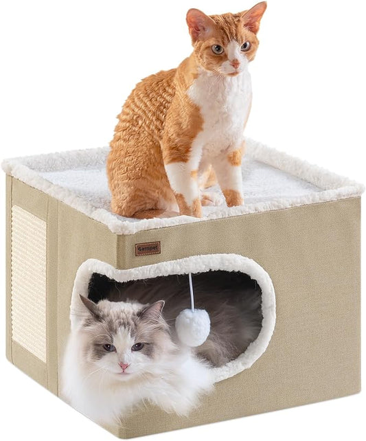 Cat Bed for Indoor Cats Cube House, Covered Cat Cave Beds & Furniture with Scratch Pad and Hideaway Tent, Cute Modern Cat Condo for Multi Small Pet Large Kitten Kitty, Khaki