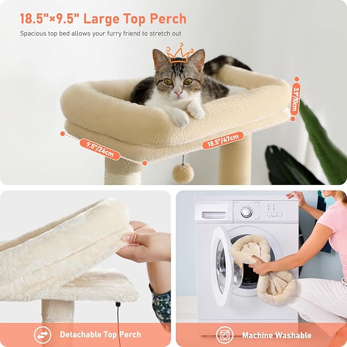 Cat Tree for Indoor Cats, 2 Cozy Condos with Spacious Top Perch, 56.3-Inch Multi-Level Cat Tower with Scratching Posts, 2 Caves, Plush Hammock and Climbing Ramp, Beige