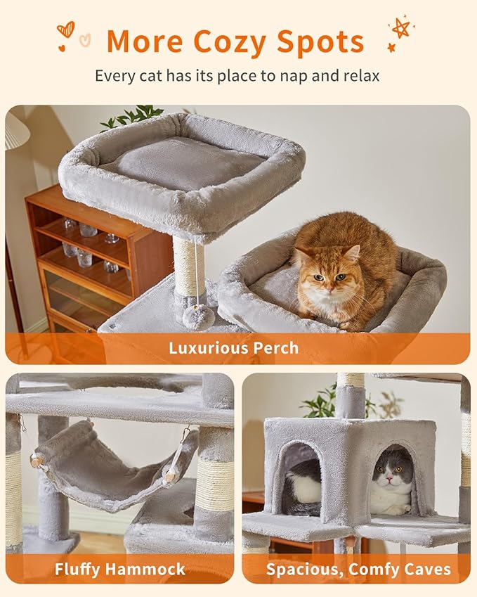 Taoqimiao Cat Tree, 71-Inch Cat Tree Cat Tower for Indoor Cats, Plush Multi-Level Cat Condo with 10 Scratching Posts, 2 Perches,Basket, 2 Caves,Hammock, 2 Pompoms,MS020W Light Gray