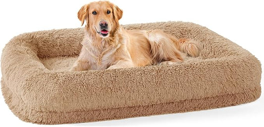 Extra Large Dog Bed - XL Dog Bed with Washable Removable Cover, Fluffy Waterproof Pet Sofa with Supportive Egg Foam and Nonskid Bottom, Camel