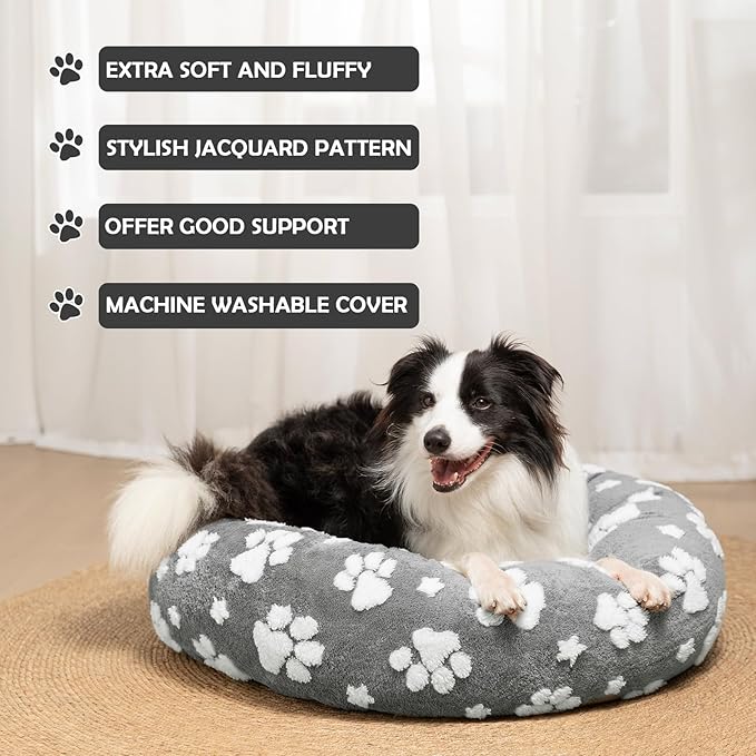 Donut Dog Beds for Small Dogs, Calming Round Cat Beds for Indoor Cats, Cute 3D Textured Paw Pet Bed with Removable Washable Cover and Anti-Slip Bottom（Grey，23"）