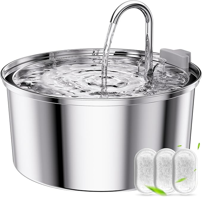 Tomxcute Cat Water Fountain, 3.2L/108oz Automatic Stainless Steel Pet Fountain Dog Water Dispenser, Ultra-Quiet Pump and 3 Replacement Filters & for Cats, Dogs, Multiple Pets