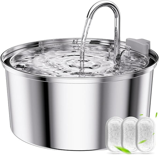 Tomxcute Cat Water Fountain, 3.2L/108oz Automatic Stainless Steel Pet Fountain Dog Water Dispenser, Ultra-Quiet Pump and 3 Replacement Filters & for Cats, Dogs, Multiple Pets