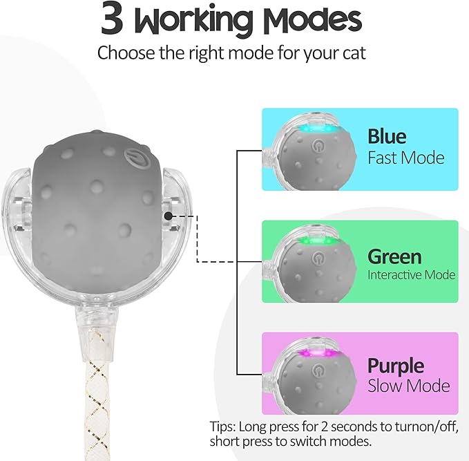 Interactive Cat Toys Ball for Indoor Cats, Automatic Moving Ball Toy with Elastic Mesh Tail, Chirping & Obstacle Avoidance and Motion Activated, Grey【Rechargeable】