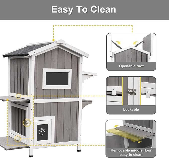 Outdoor Cat Shelter Weatherproof, Two Story Wooden Outside Feral Cat House with Openable Roof, Escape Door