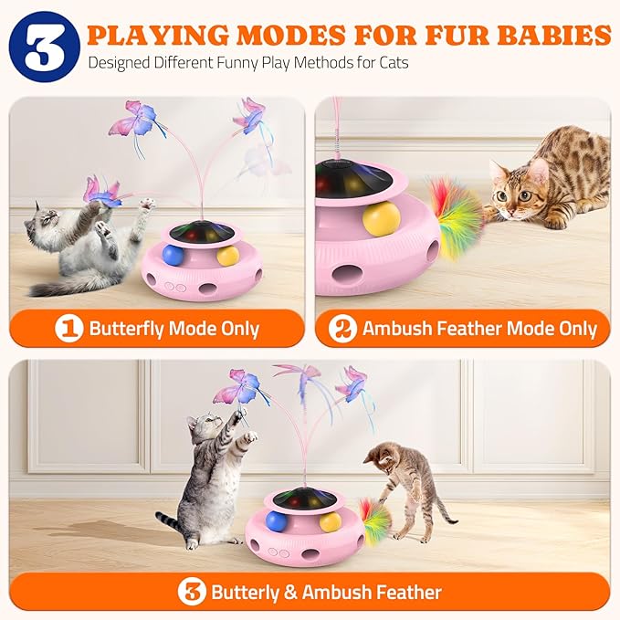 Interactive Cat Toy: 4 in 1 Automatic Cat Toy for Indoor Cats, Electric Kitten Toy with Rechargeable Battery, Self Play Kitty Toys with Fluttering Butterfly, Track Ball and Feather Pack, Pink