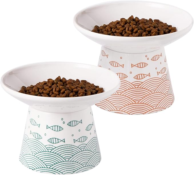 OMAYKEY 6.25 Inch Extra Wide Ceramic Raised Cat Bowls, Upgraded Elevated Porcelain Cat Food Water Bowl Dish, Stress Free Pet Feeder Bowls Dishes for Elder Big Cats & Small Dogs, Green & Orange