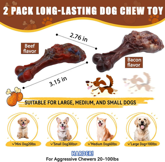 Dog Chew Toys for Aggressive Chewers, Indestructible Dog Toy for for Medium/Large Breed, Tough Nylon Teething Bone Toy to Keep Them Busy,Bacon and Real Beef Flavor (Beef+Bacon Flavor, 2 Pack)