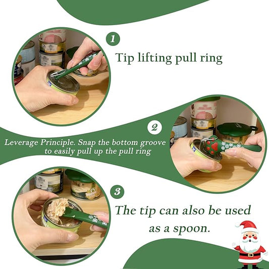 Christmas Pet Set - 3 Cat Food Can Lids & 1 BPA-Free Opener | Cute Paw Shape Can Covers and Opener Spatula Spoon for Wet Food | Silicone Spoon & Covers for Dog Cat - Paw Green