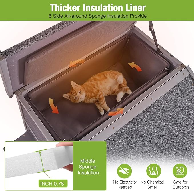GUTINNEEN Outdoor Cat House Insulated, Weatherproof Cat Shelter with Insulation Liner for Winter, 2-Story Wooden Kitty Condo with Openable Waterproof Asphalt Roof, Elevated Plastic Feet