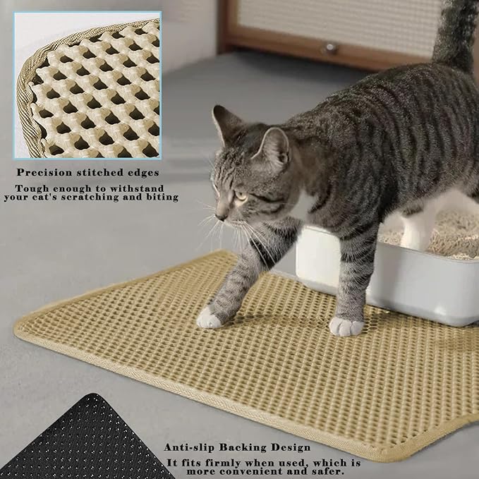 HCY&WLD Cat Litter Mat, Honeycomb Double Layer Cat Litter Trapping Mat, Waterproof Urine Proof Non-Slip, Scatter Control, Less Waste, Easier to Clean (Beige, 30" X 22")