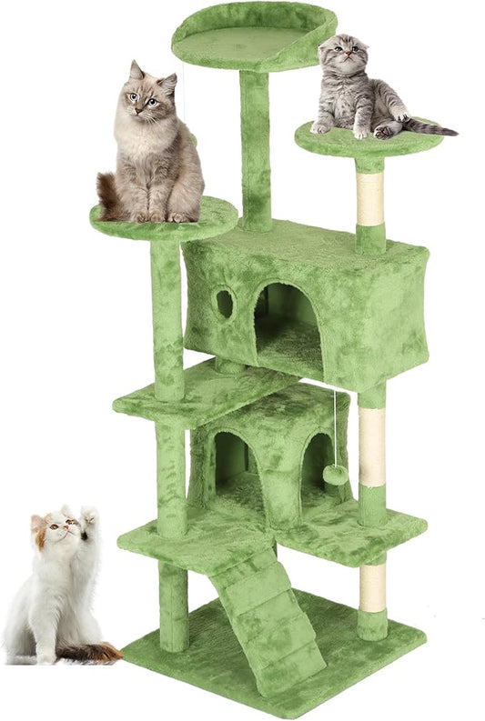 FDW Cat Tree 54in Cat Tower Multi-Level Durable Cat Scratching Post & Cozy Fun Cat Jumping Platform Space Saving Cat Condo Pet Play House for Indoor Cats,Green
