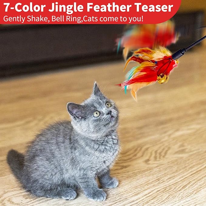 Cat Feather Toys, Cat Toy with Elastic Turkey Feathers, Interactive Teaser Wand with Bell, Durable Flexible Rod for Playful Kittens and Cats, Indoor Entertainment for Pets (2")