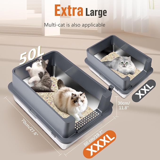 Stainless Steel Litter Box, XXXL 27.6" H x 19.7" W x 11.8" H Extra Large Metal High Sided Cat Litter Box with Scoop, Leak-Proof, Easy Clean for Big Cats/Multiple Cats (Dark Grey)