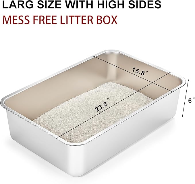 Yangbaga Stainless Steel Litter Box for Cat and Rabbit, Odor Control Litter Pan, Non Stick, Easy to Clean, Rust Proof, Large Size with High Sides and Non Slip Rubber Feets