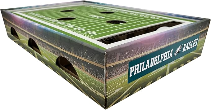 NFL Philadelphia Eagles Football Stadium Cat Scratcher Find & Play Box With 2 Jingle Bell Balls - Game Day Toy, Field Felt Scratcher, Play and Lounge Stimulating Game