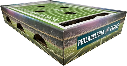 NFL Philadelphia Eagles Football Stadium Cat Scratcher Find & Play Box With 2 Jingle Bell Balls - Game Day Toy, Field Felt Scratcher, Play and Lounge Stimulating Game