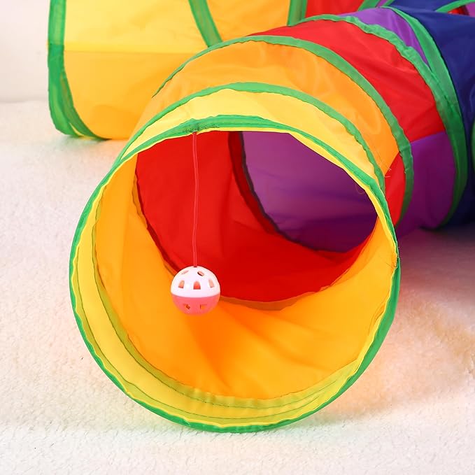 ‌Coolcandy Cat Tunnel & Interactive Cat Toy Indoor, Curved 4 Way Tunnel Toys for Indoor Cats, Collapsible Interactive Peekaboo Cave with Play Ball, for Multi-Way Play & Small Animals