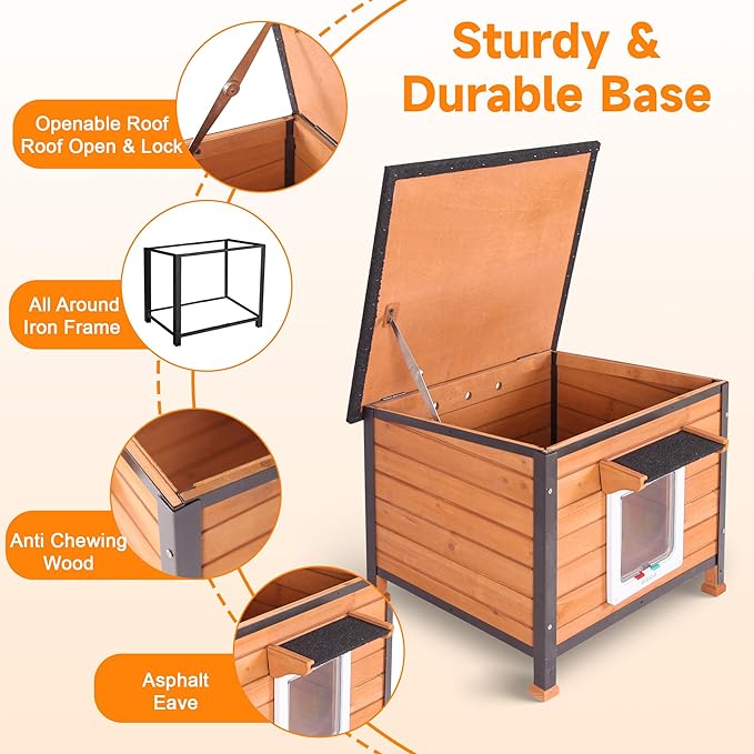 Outdoor Cat House, Feral Cat Houses Waterproof of All-Around Iron Frame, Solid Wooden Cat Shelter with Adjustable Door for Cats, Dogs and Other Small Animals
