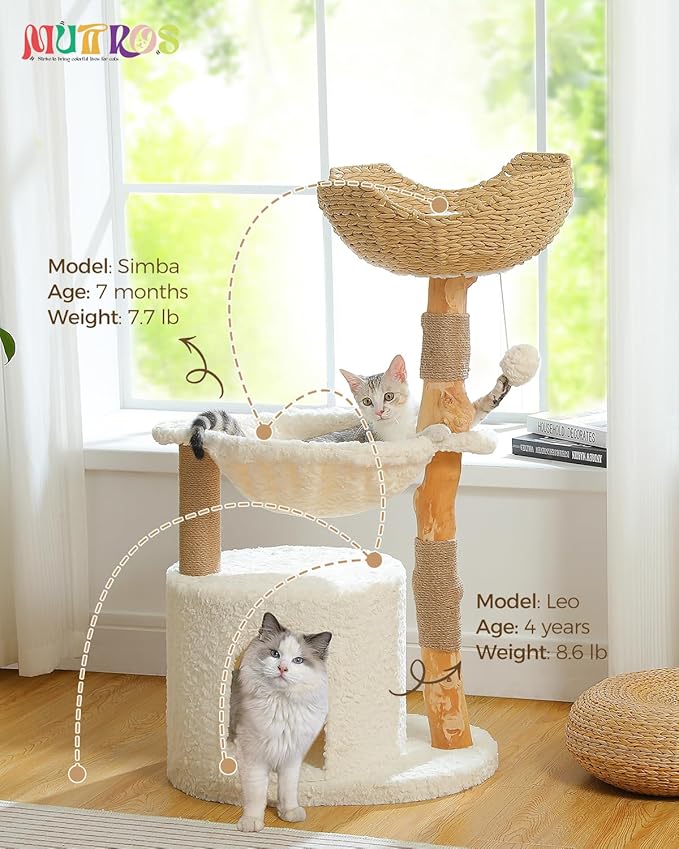 Modern Cat Tree for Large Cats, Wood Cat Tower for Indoor Cats, Real Branch Luxury Cat Furniture with Super Large Cozy Condo and Hammock & Scratching Post, Top Basket, White