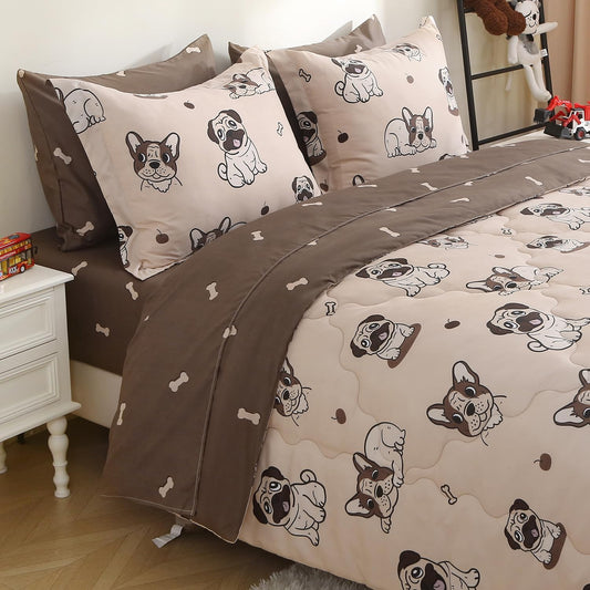 Kids Comforter Set 7 Piece Bedding Cute Dog Cartoon Animal Bed Microfiber Comforter Full Size All Season (1 Comforter, 1 Flat Sheet, 1 Fitted Sheet, 4 Pillowcase)