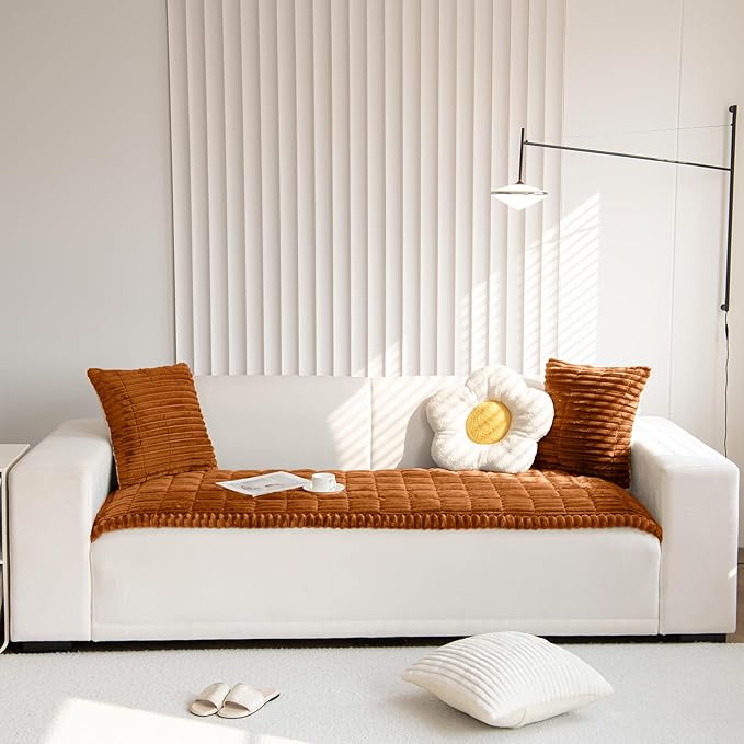 Faux Fur Plush Dog Couch Cover 3D Stripe Fuzzy Sofa Cover Non-Slip Fluffy Dog Bed Cover Pet Blanket Sofa Couch Furniture Protector for Puppy Large Dog Cat (Brown,28"x82")