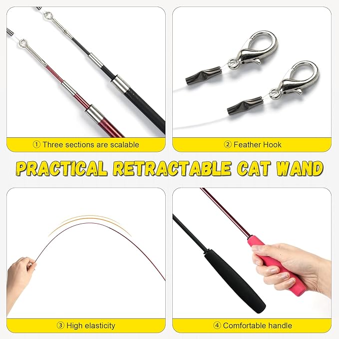 12-Pack Cat Wand Toys with Silvervine Sticks & Feather Refills – Interactive Adjustable Fishing Pole Toy for Indoor Cats, Bell & Elastic String – Durable Kitten Toys